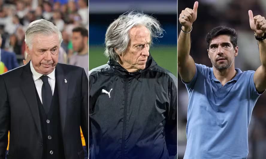 Carlo Ancelotti, Jorge Jesus e Abel Ferreira, tecnicos estrangeiros que já passaram ou estão no Brasil — Foto: AFP / Al-Hilal / Palmeiras