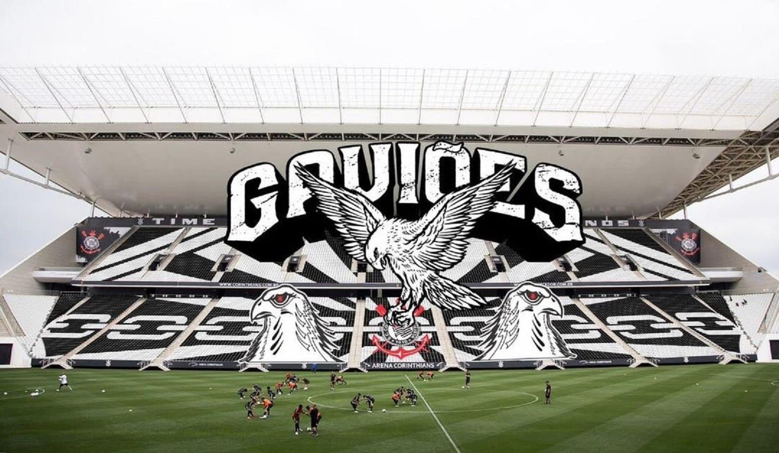 Mosaico de torcidas da Gaviões da Fiel na Neo Química Arena com bandeirão gigante do gavião ocupando todo o setor Norte.